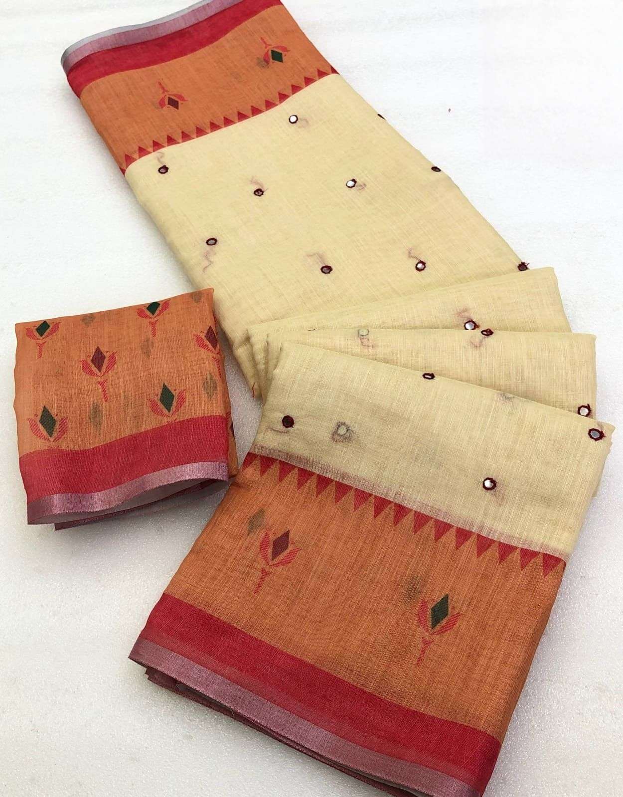 Linen mirror Soft Linen and cotton mix fabric saree with real mirror work on saree wholesale in surat